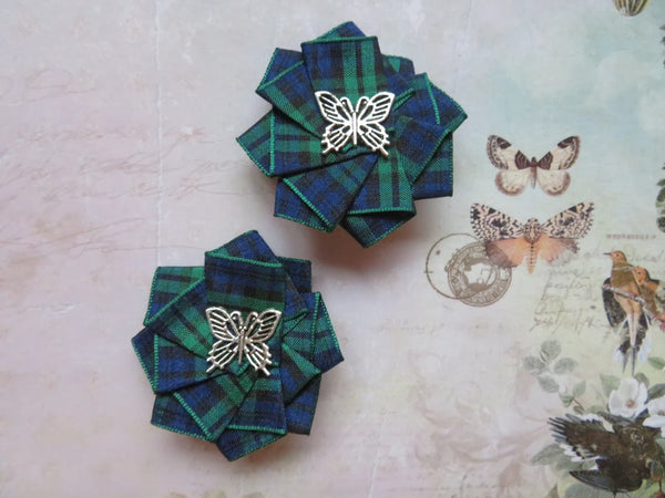 Mini Tartan Ribbon Ruffle Hair Clips