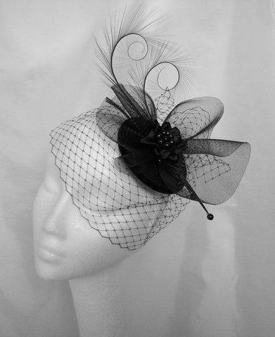 Elegant Black Veiled Curl Feather Crinoline Wedding Gothic Fascinator Mini Hat - Made to Order
