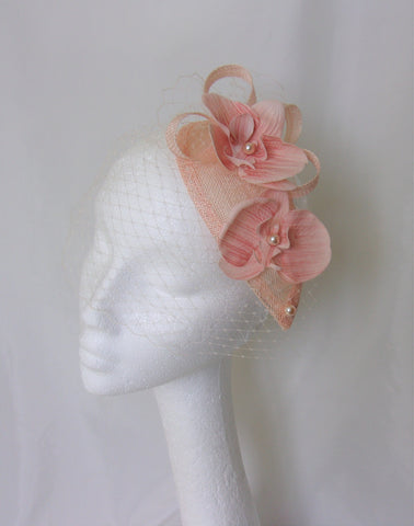 Pale Peach Veil Sinamay Loop Orchid Flower and Pearl Teardrop Wedding Fascinator Mini Hat - Custom Made to Order
