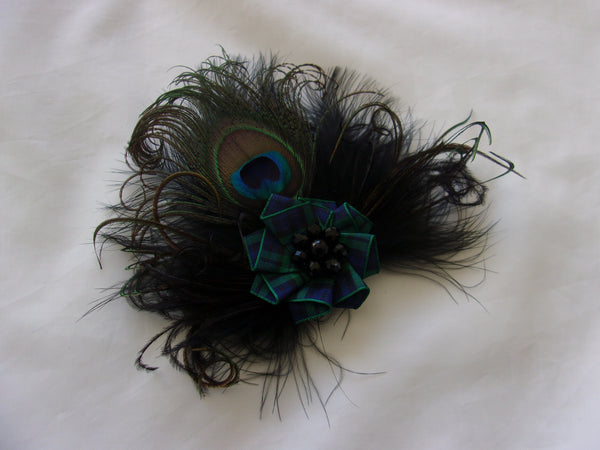 black peacock feather Black Watch tartan brooch corsage burns night