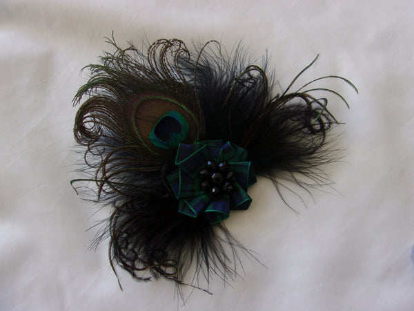 black peacock feather Black Watch tartan brooch corsage burns night