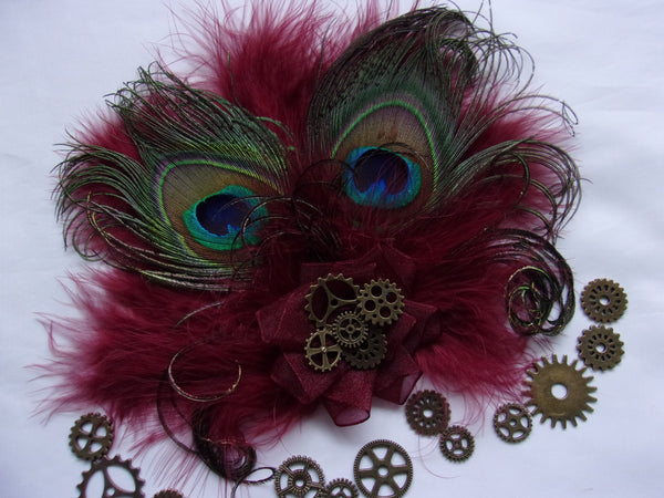 Dark Burgundy Marsala Wine Peacock Feather Steampunk Victoriana Mini Hair Clip Fascinator with Brass Watch Cogs - Made to Order