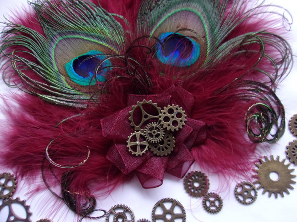Dark Burgundy Marsala Wine Peacock Feather Steampunk Victoriana Mini Hair Clip Fascinator with Brass Watch Cogs - Made to Order
