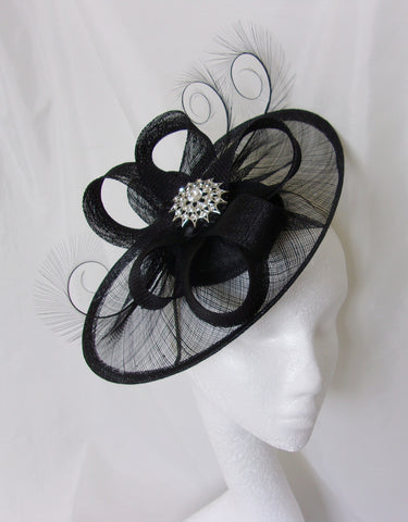 Black Rhinestone Hat Sinamay and Pheasant Curl Feather Saucer Fascinator with Crystal Diamante Brooch- Wedding Derby Gothic - Made to Order COBWEB