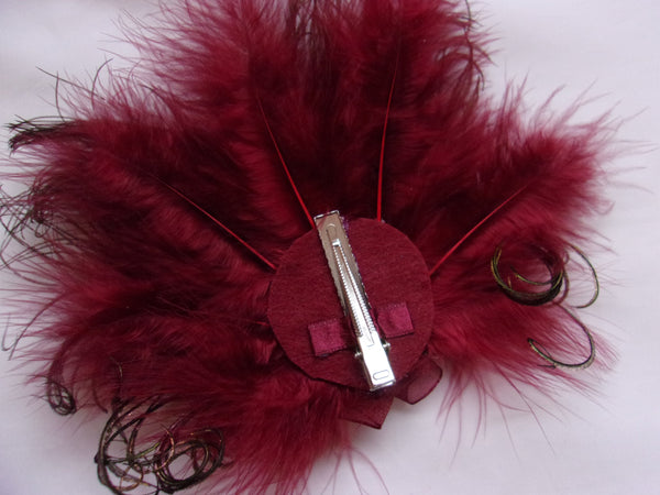 Dark Burgundy Marsala Wine Peacock Feather Steampunk Victoriana Mini Hair Clip Fascinator with Brass Watch Cogs - Made to Order