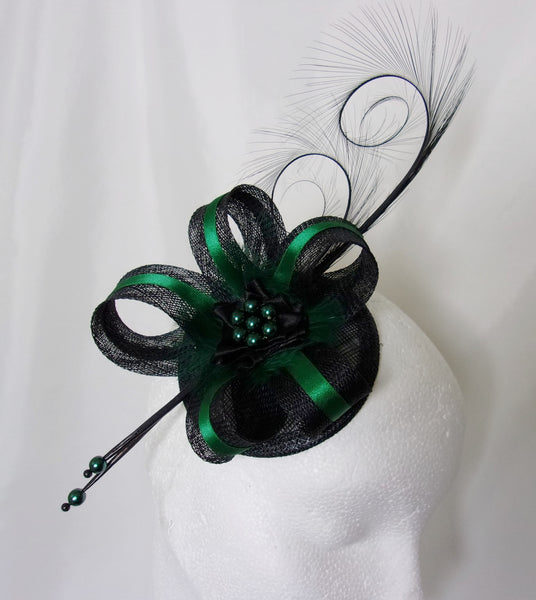 Black Bottle Green Fascinator- Deep Emerald Racing Green Pheasant Curl Feather Sinamay & Pearl Wedding Mini Hat Ascot Derby - Made to Order