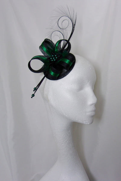 Black Bottle Green Fascinator- Deep Emerald Racing Green Pheasant Curl Feather Sinamay & Pearl Wedding Mini Hat Ascot Derby - Made to Order