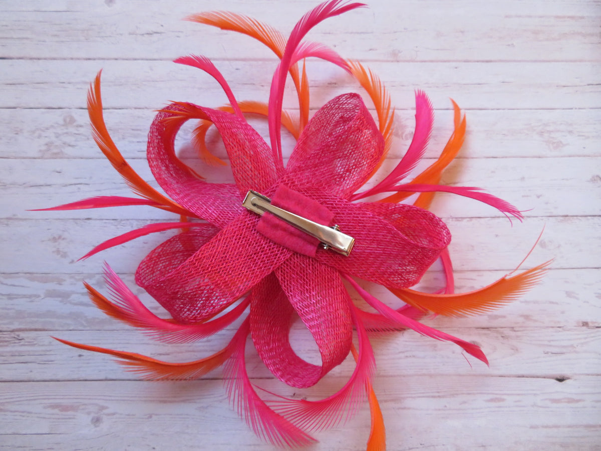 Cerise Pink and Orange Mini Lily Sinamay Loop and Feather  display picture 1