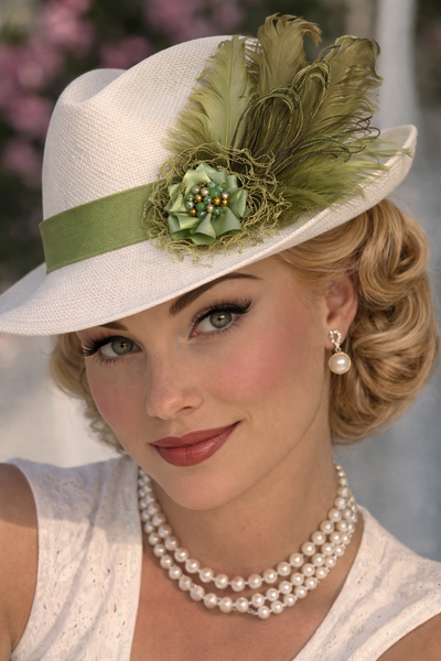 model wearing an ivory summer straw hat with a olive green feathered hat clip