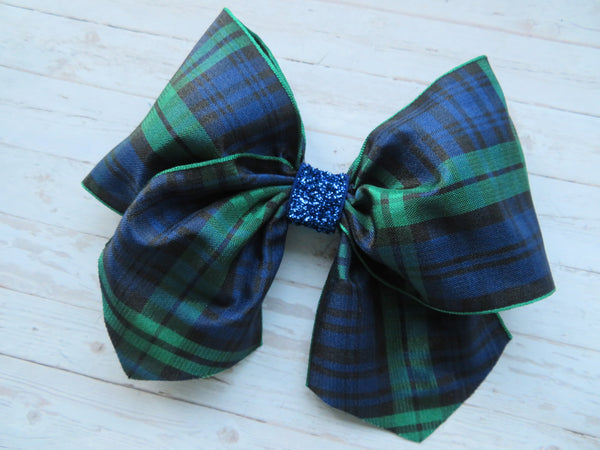 Black Watch Tartan Sapphire Glitter Amelie Hair Bow