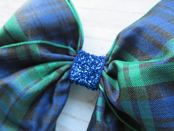 Black Watch Tartan Sapphire Glitter Amelie Hair Bow