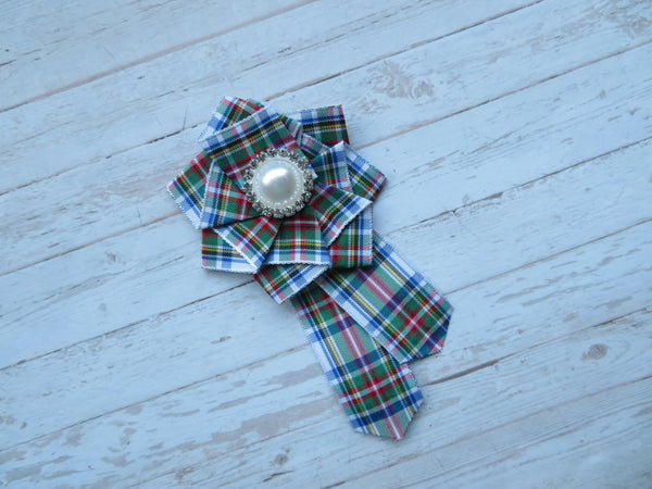 Dress Stewart Tartan Ruffle & Pearl Brooch