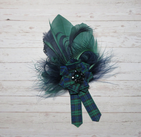 Black Watch Tartan Ruffle & Feather Brooch