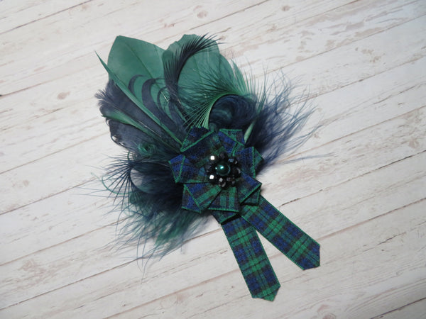 Black Watch Tartan Ruffle & Feather Brooch