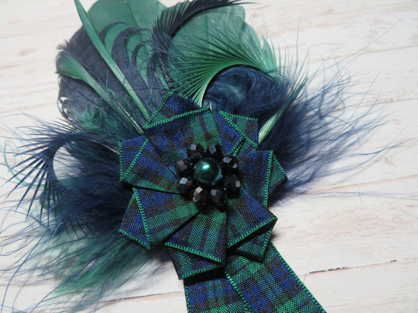 Black Watch Tartan Ruffle & Feather Brooch