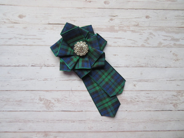 Black Watch Tartan Ruffle & Diamante Brooch