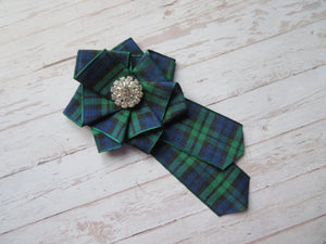 Black Watch Tartan Ruffle & Diamante Brooch