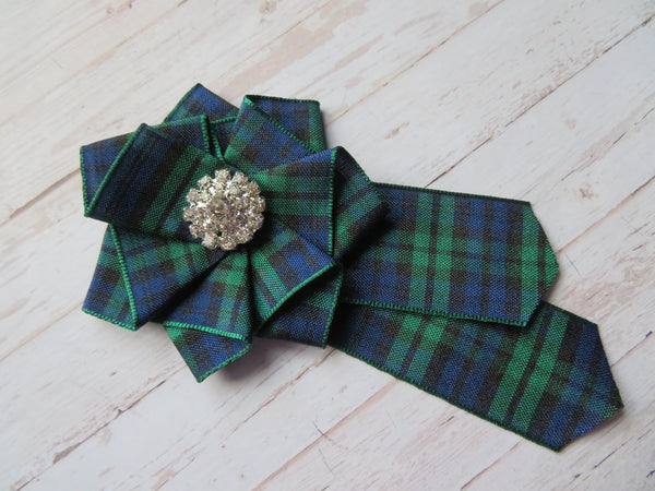 Black Watch Tartan Ruffle & Diamante Brooch