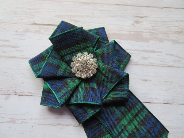 Black Watch Tartan Ruffle & Diamante Brooch