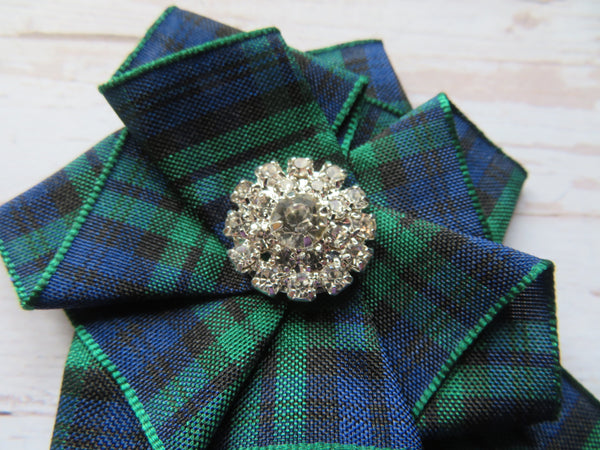 Black Watch Tartan Ruffle & Diamante Brooch