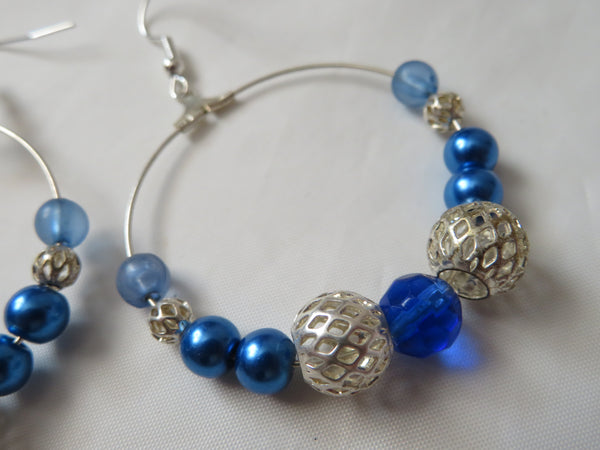 Royal Sapphire Blue & Silver Beaded Boho Retro Earrings