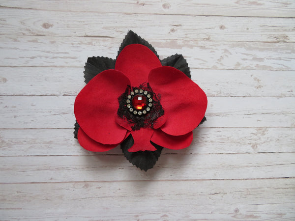 Scarlet Red Orchid and Black Flower Hair Clip
