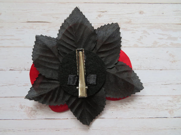 Scarlet Red Orchid and Black Flower Hair Clip