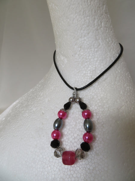 Fuchsia Pink Grey & Black Beaded Pendant Necklace