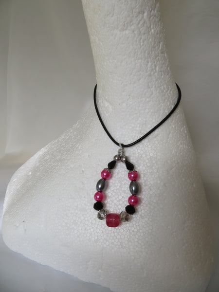 Fuchsia Pink Grey & Black Beaded Pendant Necklace