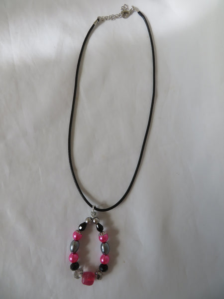 Fuchsia Pink Grey & Black Beaded Pendant Necklace