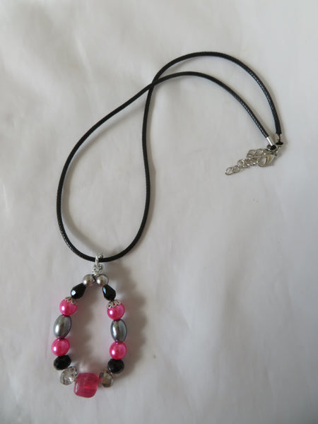 Fuchsia Pink Grey & Black Beaded Pendant Necklace