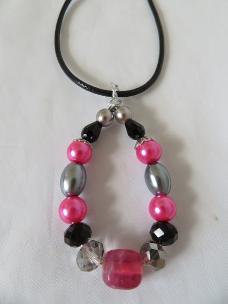 Fuchsia Pink Grey & Black Beaded Pendant Necklace