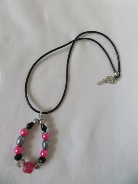 Fuchsia Pink Grey & Black Beaded Pendant Necklace