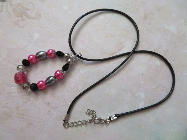 Fuchsia Pink Grey & Black Beaded Pendant Necklace