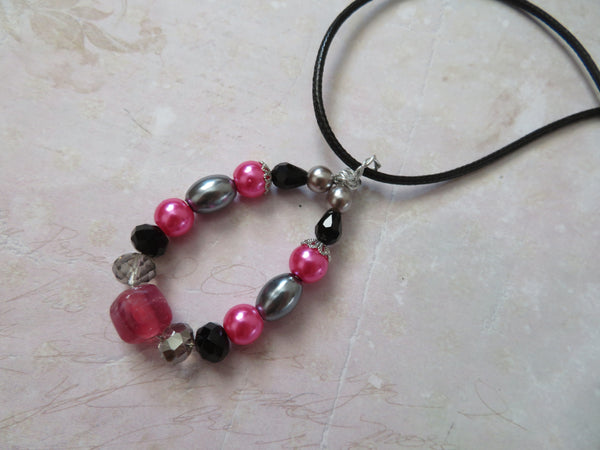 Fuchsia Pink Grey & Black Beaded Pendant Necklace