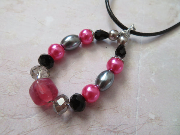 Fuchsia Pink Grey & Black Beaded Pendant Necklace