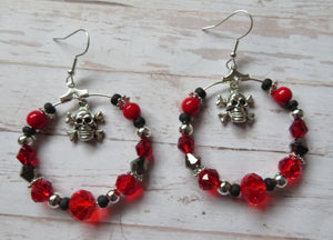 Red Black & Silver Skull & Crossbones Earrings
