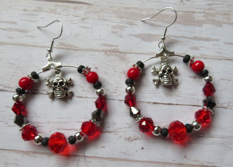Red Black & Silver Skull & Crossbones Earrings