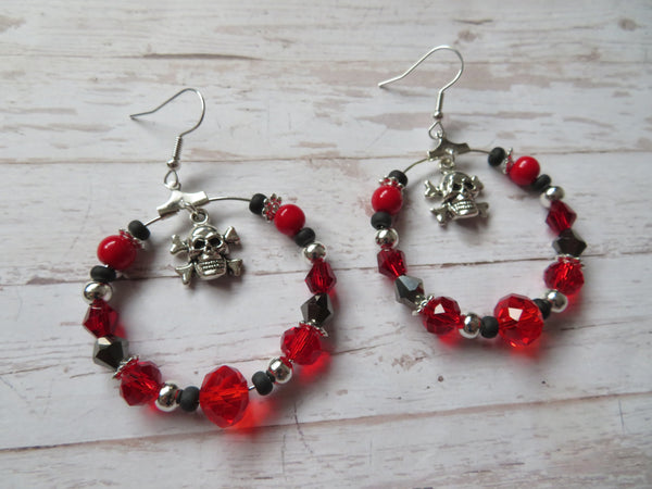 Red Black & Silver Skull & Crossbones Earrings