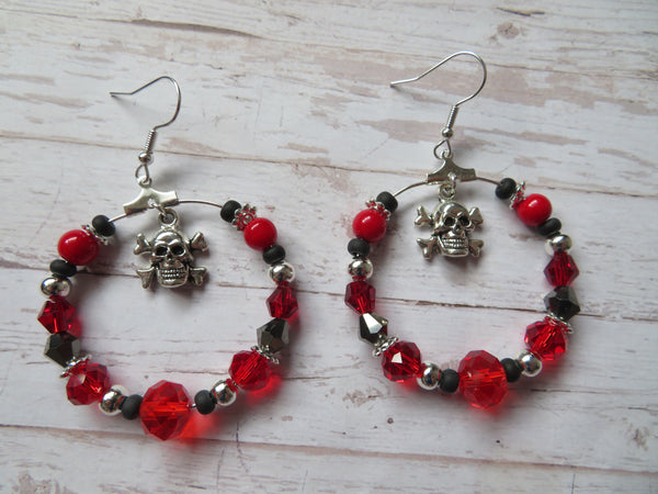 Red Black & Silver Skull & Crossbones Earrings
