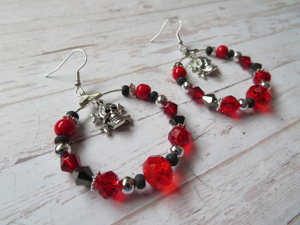 Red Black & Silver Skull & Crossbones Earrings