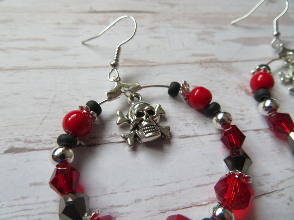 Red Black & Silver Skull & Crossbones Earrings
