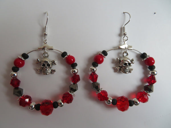 Red Black & Silver Skull & Crossbones Earrings