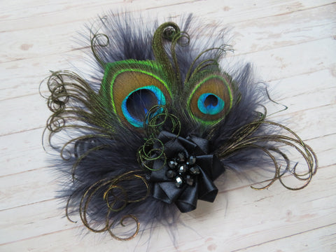 Navy Peacock Feather Little Gem Hair Clip