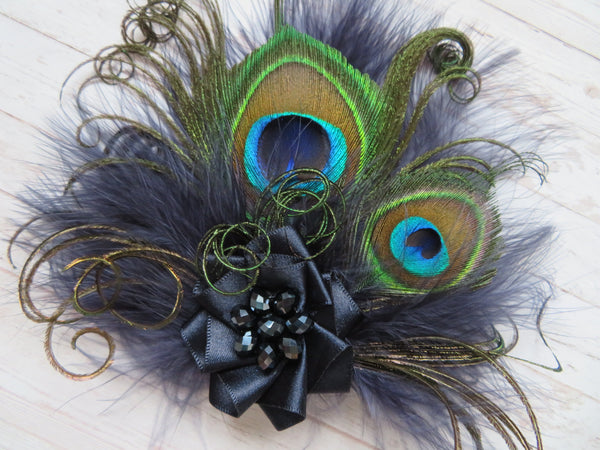 Navy Peacock Feather Little Gem Hair Clip