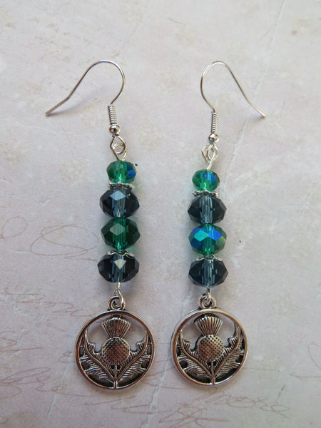 Navy & Emerald Green Scottish Thistle Crystal Earrings