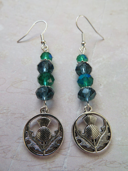 Navy & Emerald Green Scottish Thistle Crystal Earrings