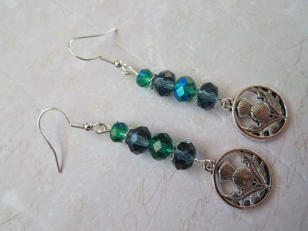Navy & Emerald Green Scottish Thistle Crystal Earrings