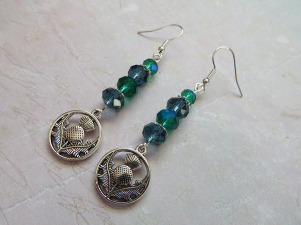 Navy & Emerald Green Scottish Thistle Crystal Earrings