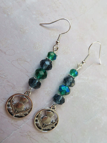 Navy & Emerald Green Scottish Thistle Crystal Earrings